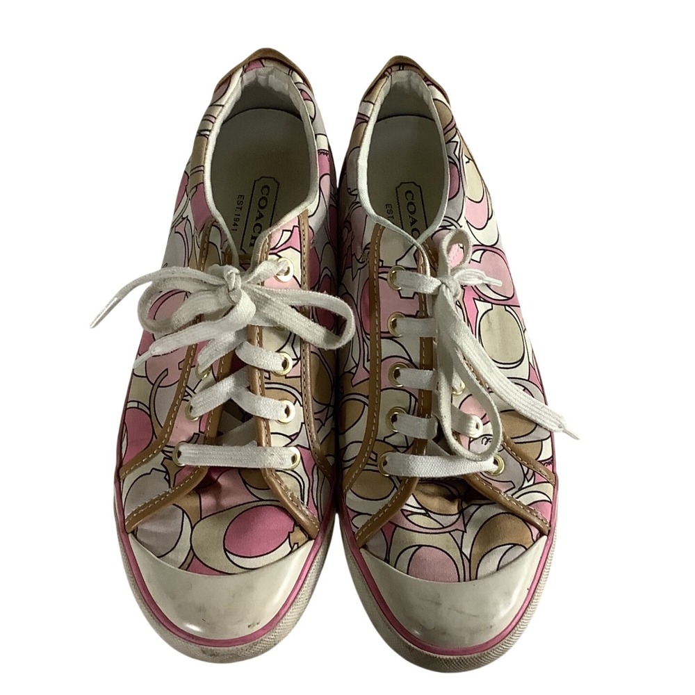 Coach Signature Poppy Print Pink Tan Canvas Low Top Lace Up Sneakers Womens 10